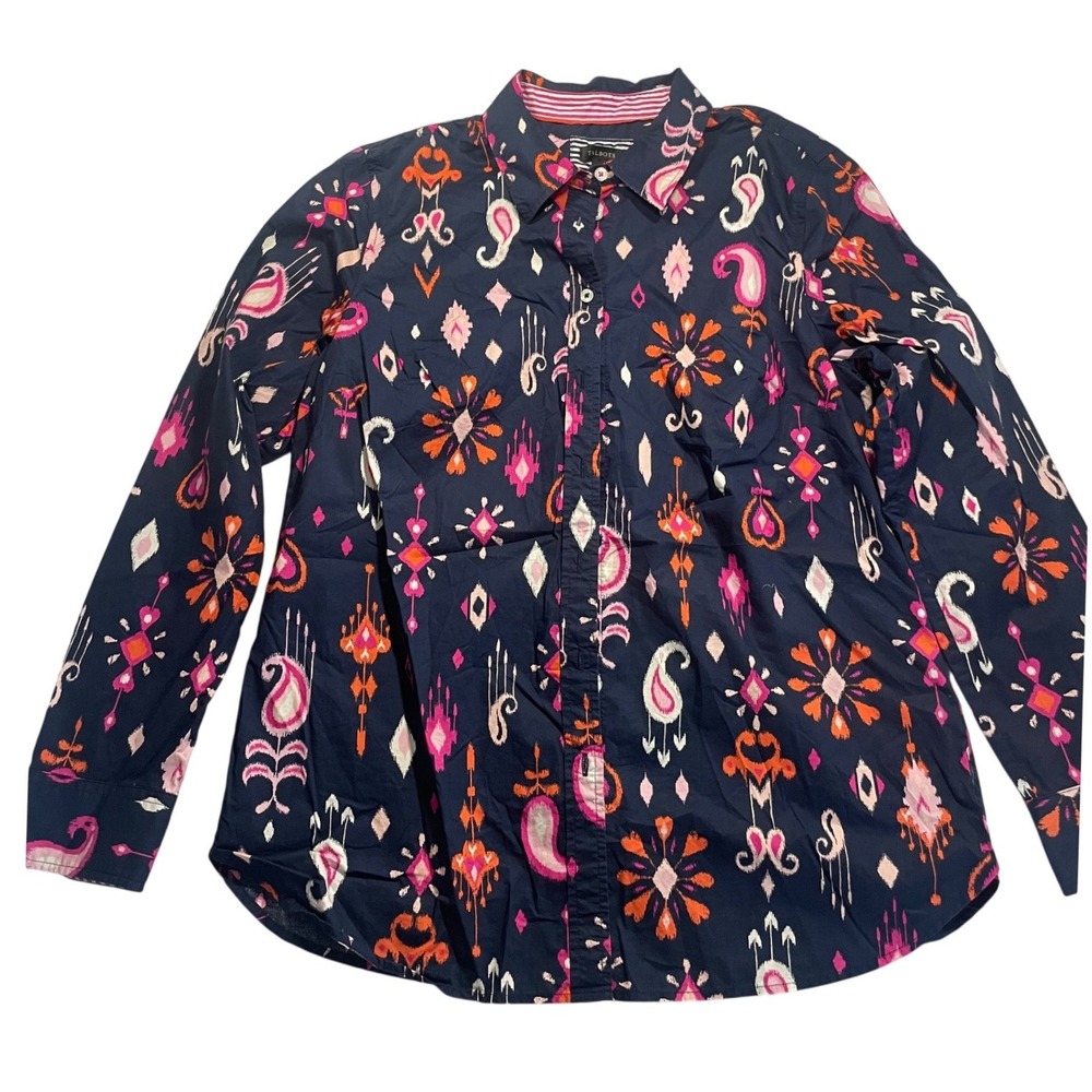 Talbots Womens Ikat Paisley‎ Button Up Shirt Medium Navy Blue Pink Preppy Blouse